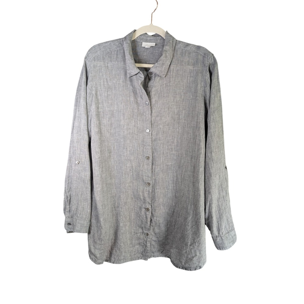 J Jill Love Linen Top Womens XL Grey Button Down Roll Tab Sleeve 100% Linen